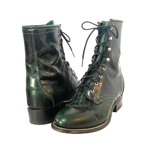 Laredo Leather Kiltie Logger Boots Dark Emerald Green Lace-Up Women’s Size 6 - Picture 1 of 12